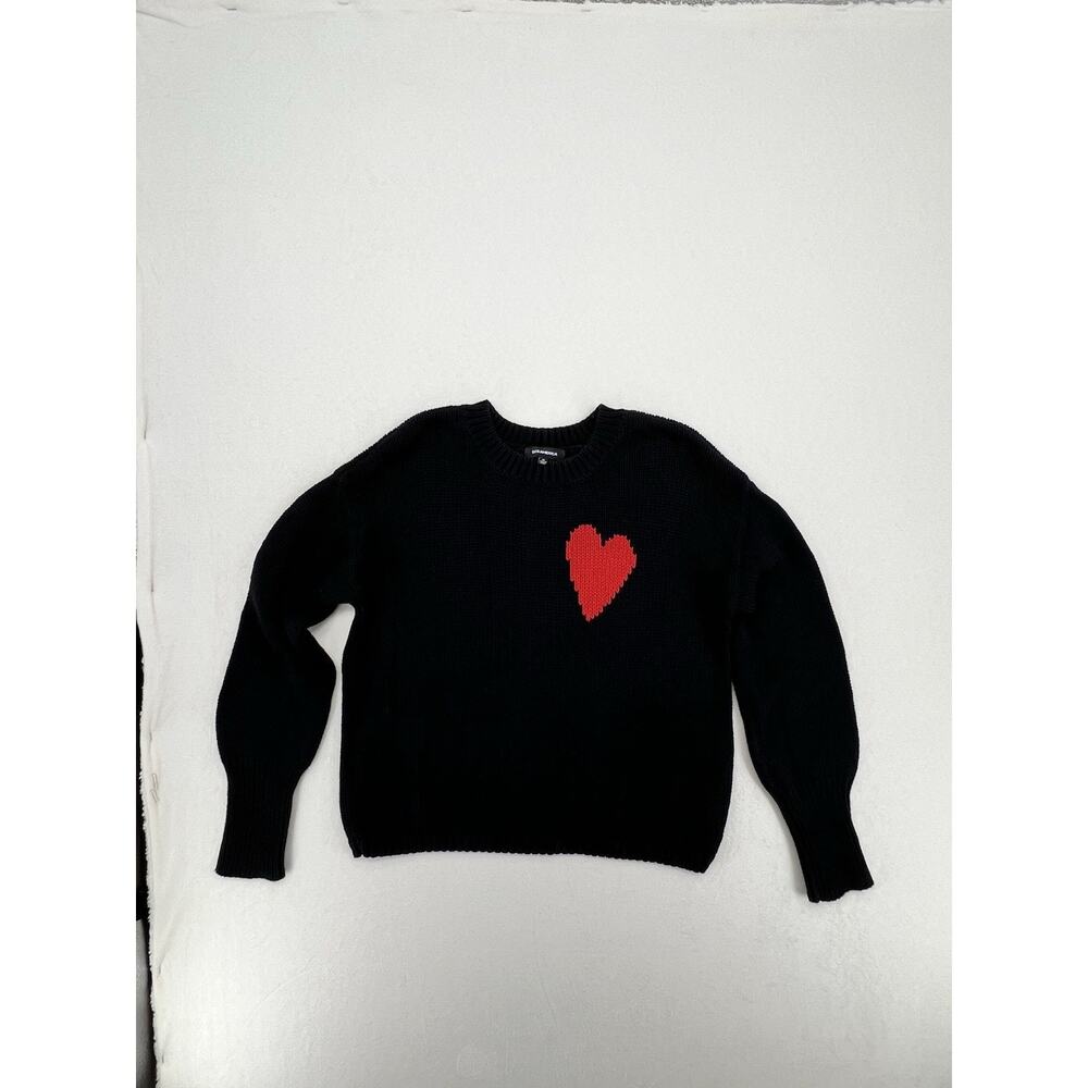 525 America Black Cotton Sweater Red Heart Crewneck Knit Pullover Women's M